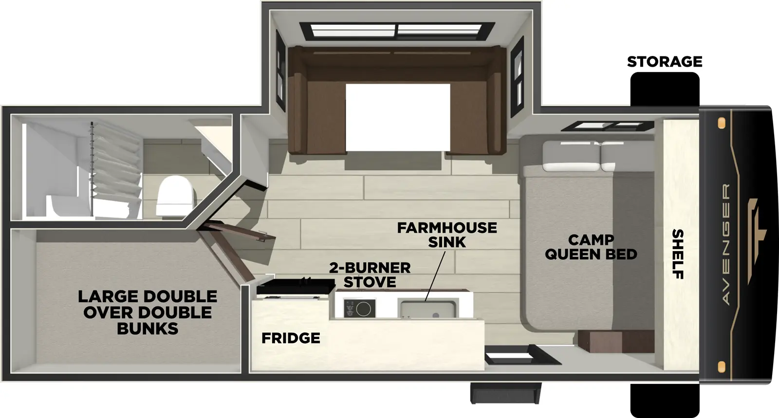 The Avenger 18DBS floorplan has one entry and one slide out. Exterior features include: metal exterior. Interiors features include: bunk beds, u-dinette and front bedroom.